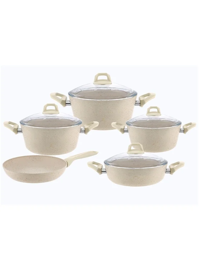 DANUBE HOME Chef's Delight 9-Piece Cookware Set – Nonstick Granite Coated Pots, Pans with Lids for Kitchen – Durable, Heat-Resistant PFOA Free Cookware for Gas, Electric - Cream