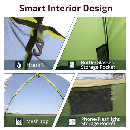 Golabs CT1 2 Person Camping Tent, Easy Set Up in 3 Mins, Waterproof w/Mesh Top & Door with Ventilation, Lightweight 4.4lbs Portable Family Tent with Carry Bag &Interior Storage Pockets &Hook - Image 3