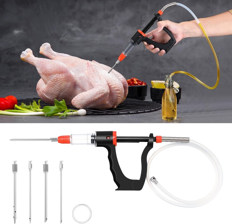 Dreyoo Marinade Injector Syringe for Smoking, Meat Injector Syringe with 3 Flow Settings, 4 Precision Needles & 33.46in Hose Ideal Meat Syringe Pump for BBQ, Smoking, Turkey and Holiday Feasts - Image 1