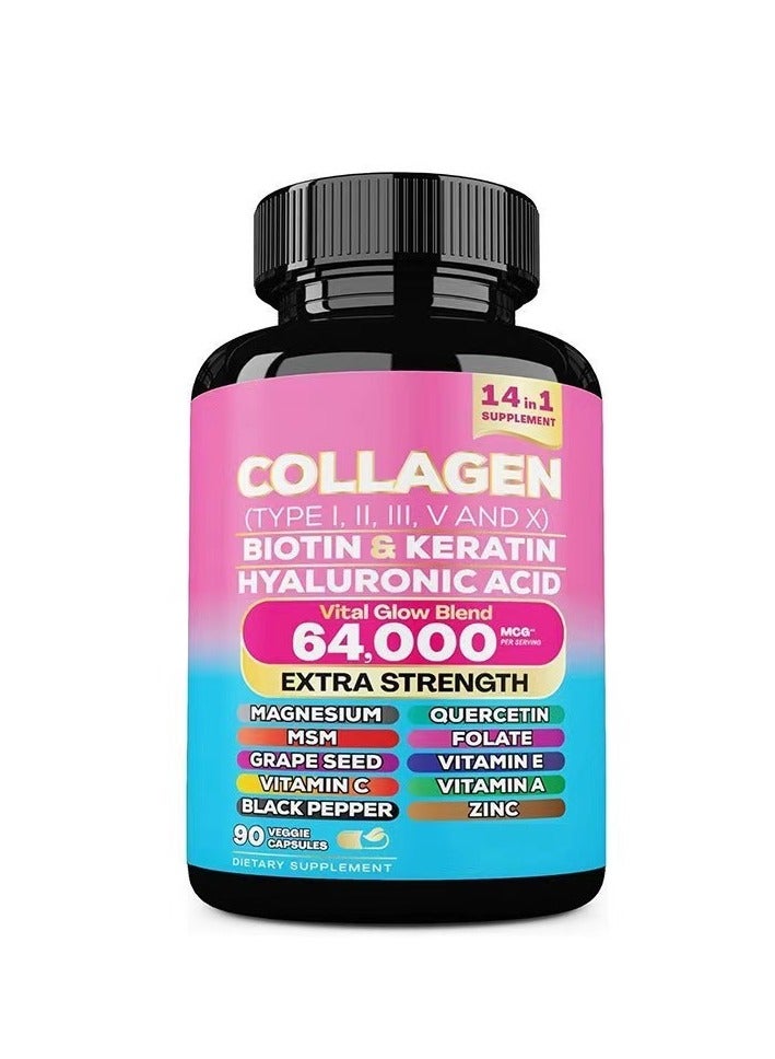 Collagen 90 Caps of Collagen Pills - Rich in Types I - X Peptides. Biotin, Keratin, Hyaluronic Acid, MSM, Vitamins, Minerals, Grape Seed Extract & Quercetin for Skin, Hair & Joint Health