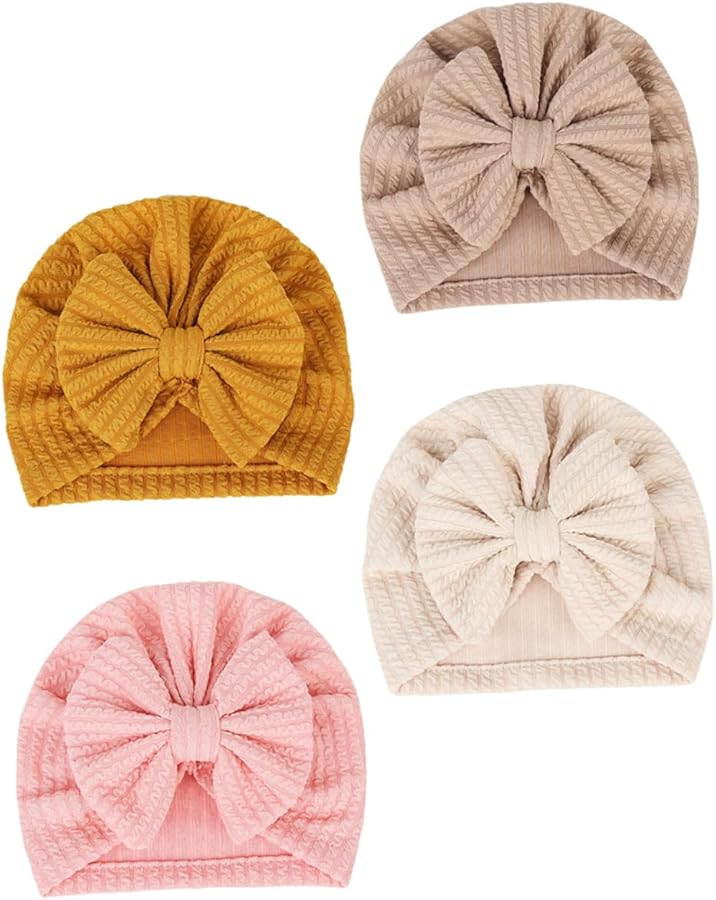 4 Pack Knitted Bowknot Hats Winter Caps Soft Cotton Blend Warm Newborn Baby Random Color - Image 1