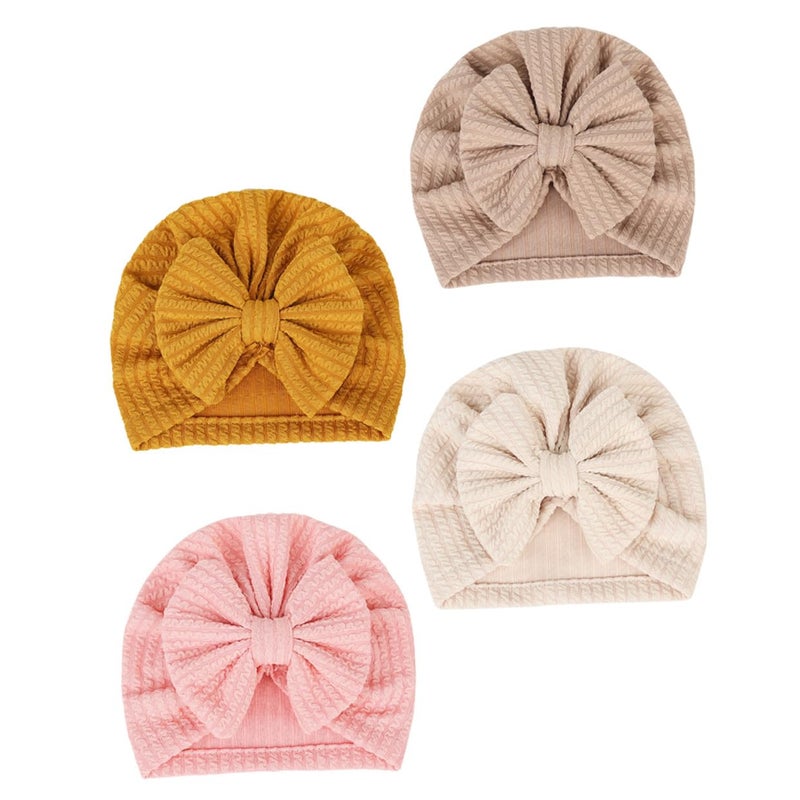 4 Pack Knitted Bowknot Hats Winter Caps Soft Cotton Blend Warm Newborn Baby Random Color - Image 2