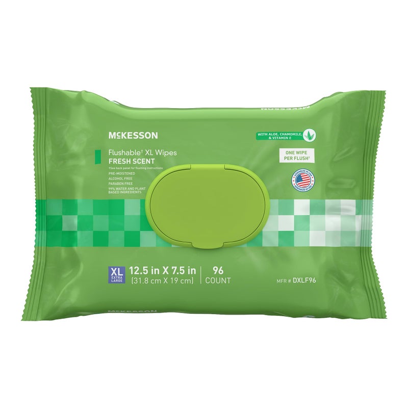 McKesson Flushable Adult Wet Wipes XL 96 Wipes 1 Pack of 96 Aloe Vitamin E PlantBased Cleansing Wipes Scented Extra Large
