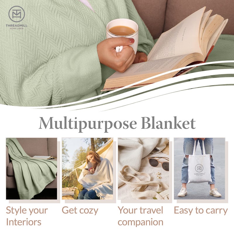 Threadmill Luxury Cotton King Size Blanket | All-Season Cozy Cotton Blankets for King Size Bed | Herringbone Soft Fall Thermal Blanket fits California King Size Bed 106 x 92 | Sage Green - Image 2