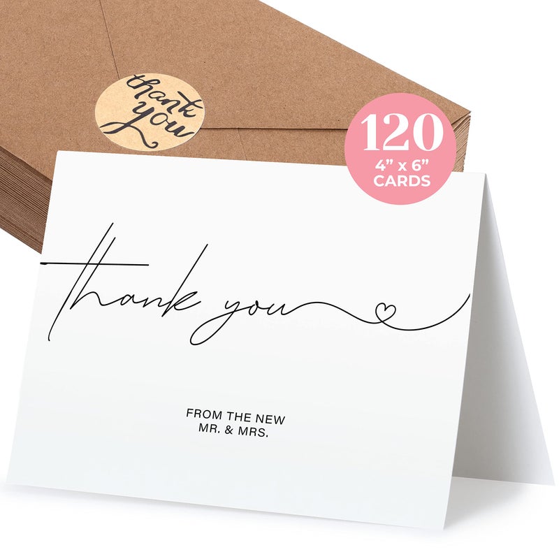 Durabasics 120 Heavyweight Blank Wedding Thank You Cards with Envelopes, Personalized Greetings Gratitude Letter From The New Mr and Mrs, Wedding Thank You Notes with Envelopes & Stickers (4x6 Inches) (120 Pack) - Image 1