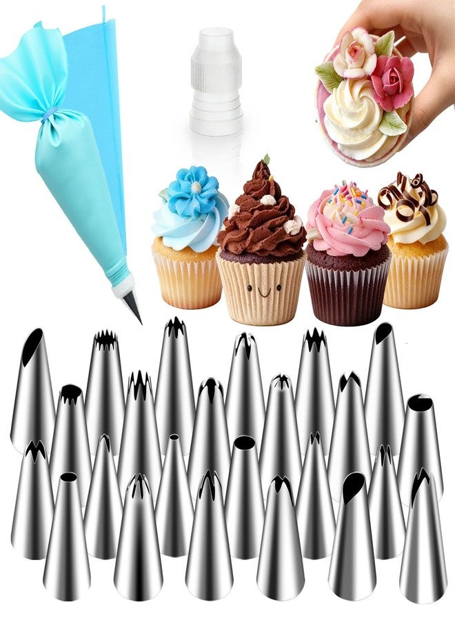 Hendiy Piping Tips, 26 Pieces Stainless Steel Frosting Piping Kit with Reusable Piping Bag and Coupler for Cake Decorating - Image 1