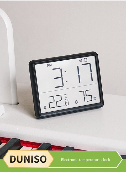 Digital alarm clock, multifunctional wall mounted alarm clock, LCD electronic clock, date, humidity and temperature display, with magnetic attraction and bracket, suitable for home, bedroom, office, 9.3 * 7.3* 1.5cm, black