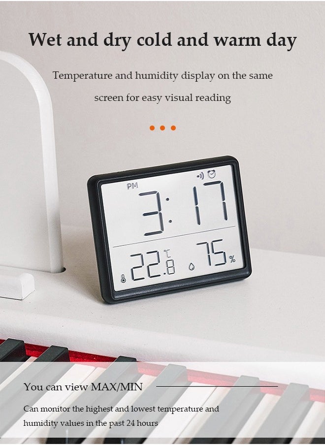 DUNISO - Digital alarm clock, multifunctional wall mounted alarm clock, LCD electronic clock, date, humidity and temperature display, with magnetic attraction and bracket, suitable for home, bedroom, office, 9.3 * 7.3* 1.5cm, black - Image 1