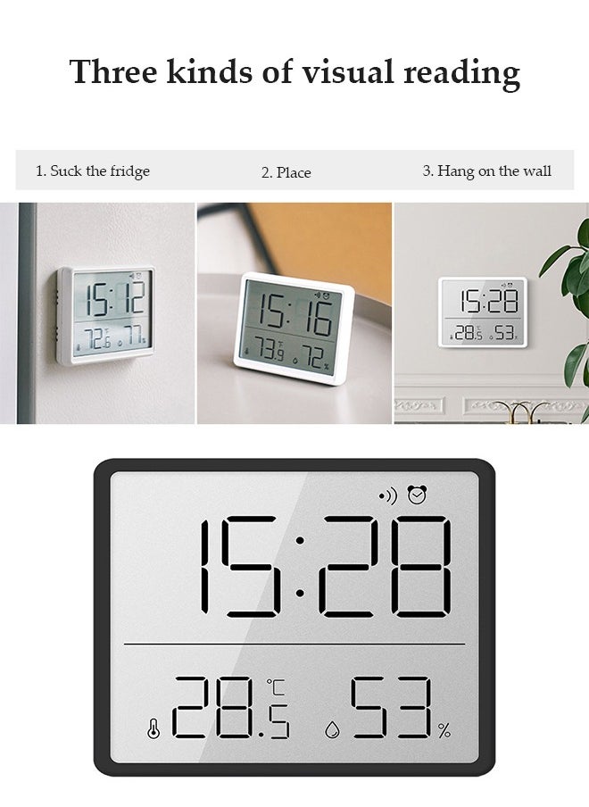DUNISO - Digital alarm clock, multifunctional wall mounted alarm clock, LCD electronic clock, date, humidity and temperature display, with magnetic attraction and bracket, suitable for home, bedroom, office, 9.3 * 7.3* 1.5cm, black - Image 1