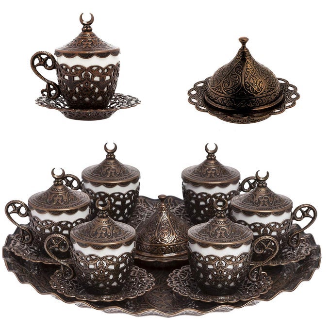27 PC TURKISH GREEK ARABIC COFFEE ESPRESSO CUP SAUCER SET GELINCIK COPPER