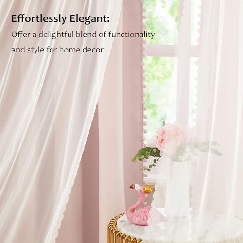 Treatmentex Pink Blackout Curtains with Sheer Overlay for Bedroom, Mix & Match Double Layer Pom Pom Curtains for Girl Nursery, Living Room, Rod Pocket Thermal Insulated Window Panels with Tiebacks 52W X 84L, 2pcs - Image 2