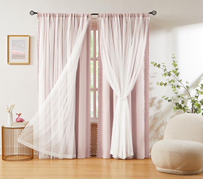 Treatmentex Pink Blackout Curtains with Sheer Overlay for Bedroom, Mix & Match Double Layer Pom Pom Curtains for Girl Nursery, Living Room, Rod Pocket Thermal Insulated Window Panels with Tiebacks 52W X 84L, 2pcs - Image 1