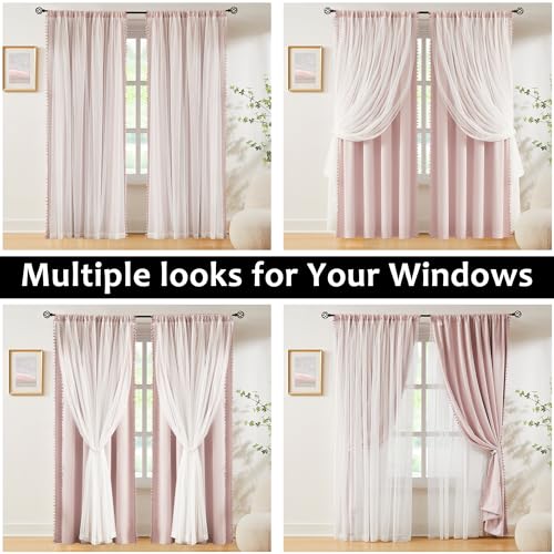 Treatmentex Pink Blackout Curtains with Sheer Overlay for Bedroom, Mix & Match Double Layer Pom Pom Curtains for Girl Nursery, Living Room, Rod Pocket Thermal Insulated Window Panels with Tiebacks 52W X 84L, 2pcs - Image 5