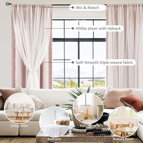 Treatmentex Pink Blackout Curtains with Sheer Overlay for Bedroom, Mix & Match Double Layer Pom Pom Curtains for Girl Nursery, Living Room, Rod Pocket Thermal Insulated Window Panels with Tiebacks 52W X 84L, 2pcs - Image 4