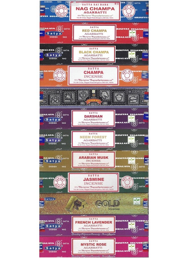 Bangalore (Bng) Set Of 12 Nag Champa, Red Champa, Black Champa, Champa, Super Hit, Darshan, Neem Forest, Arabian Musk, Jasmine, Gold, French Lavender, Mystic Rose Incense Sticks, Varietypack06
