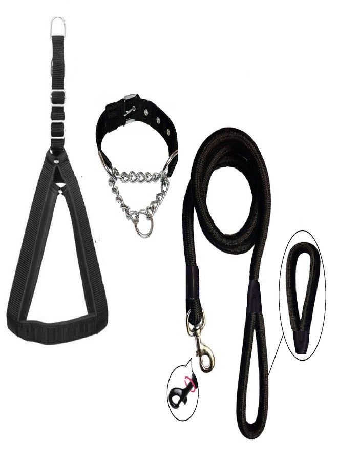 Hachiko:-(Combo of 3) Amazing Quality Nylon Padded Adjustable Dog Harness+Choke Collar+Rope(Large,Black) - Image 1
