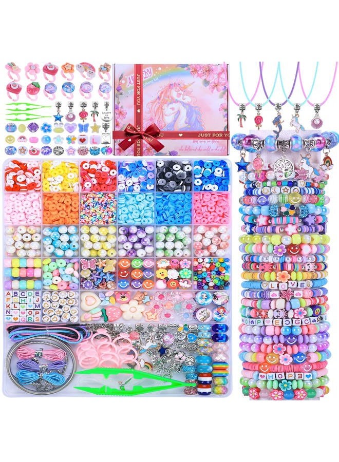 AIPRIDY 3200 Pcs Unicorn Jewelry Activity Kit,Clay Beads Bracelet Making Kit,Flat College Style Beading for Friendship Jewelry Making,Crystal Time Gem Ring Gifts,DIY Crafts for Teen Girls(Pink) - Image 1