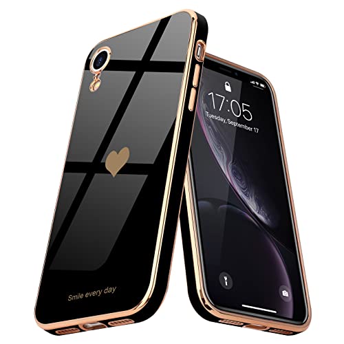Teageo Compatible with iPhone Xr Case for Women Girl Cute Love-Heart Luxury Bling Plating Soft Back Cover Raised Full Camera Protection Bumper Silicone Shockproof Phone Case for iPhone Xr, Black - Image 1