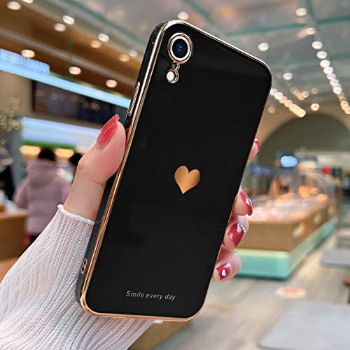 Teageo Compatible with iPhone Xr Case for Women Girl Cute Love-Heart Luxury Bling Plating Soft Back Cover Raised Full Camera Protection Bumper Silicone Shockproof Phone Case for iPhone Xr, Black - Image 2