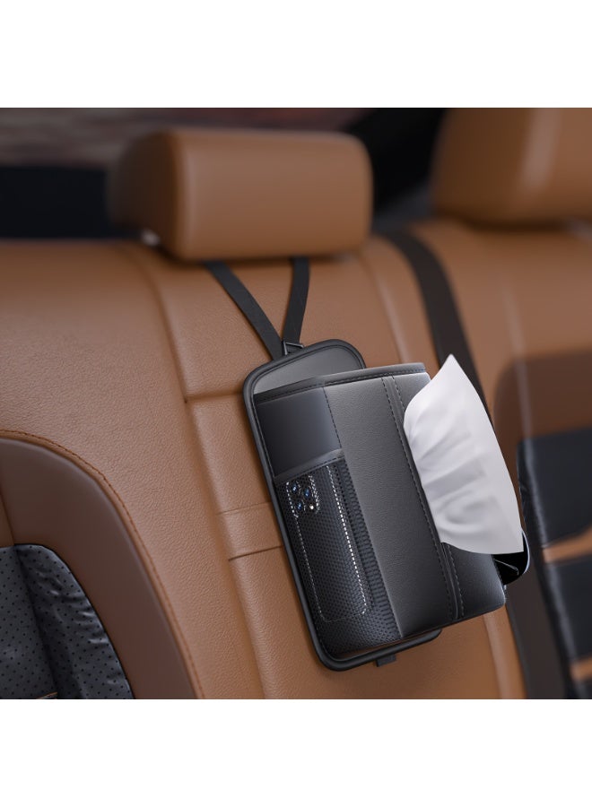 Halamodo Multifunctional Car Seat Side Organizer - Faux Leather Hanging Storage with Tissue Dispenser, Mesh Pocket Suitable for Phones and Pens - Image 2