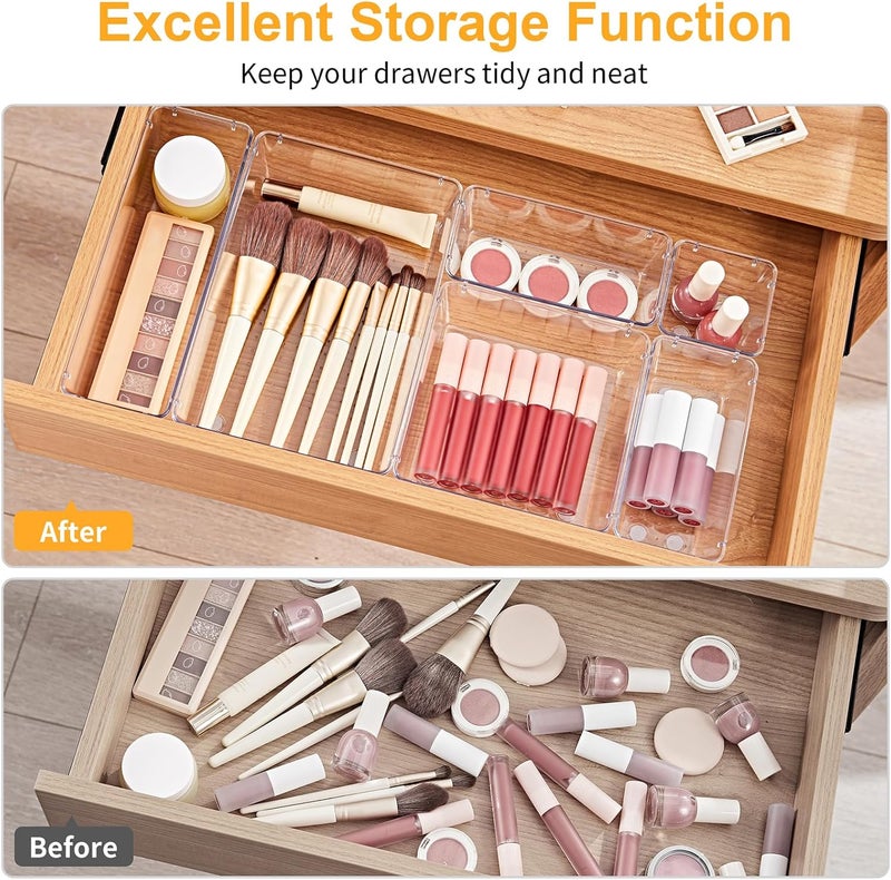 SMARTAKE 13-Piece Drawer Organizers with Non-Slip Silicone Pads, 5-Size Desk Bathroom Drawer Organizer Trays Storage Tray for Makeup, Jewelries, Utensils in Bedroom Dresser, Office and Kitchen, Clear - Image 4