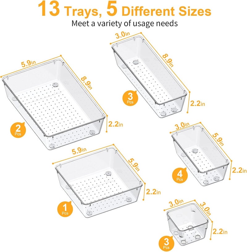 SMARTAKE 13-Piece Drawer Organizers with Non-Slip Silicone Pads, 5-Size Desk Bathroom Drawer Organizer Trays Storage Tray for Makeup, Jewelries, Utensils in Bedroom Dresser, Office and Kitchen, Clear - Image 3