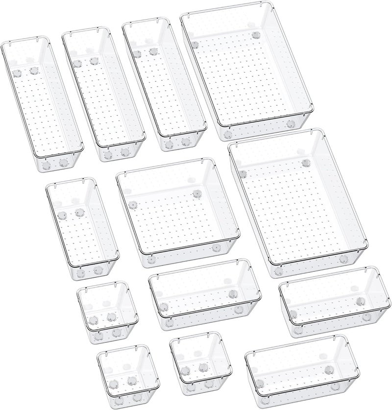 SMARTAKE 13-Piece Drawer Organizers with Non-Slip Silicone Pads, 5-Size Desk Bathroom Drawer Organizer Trays Storage Tray for Makeup, Jewelries, Utensils in Bedroom Dresser, Office and Kitchen, Clear - Image 1