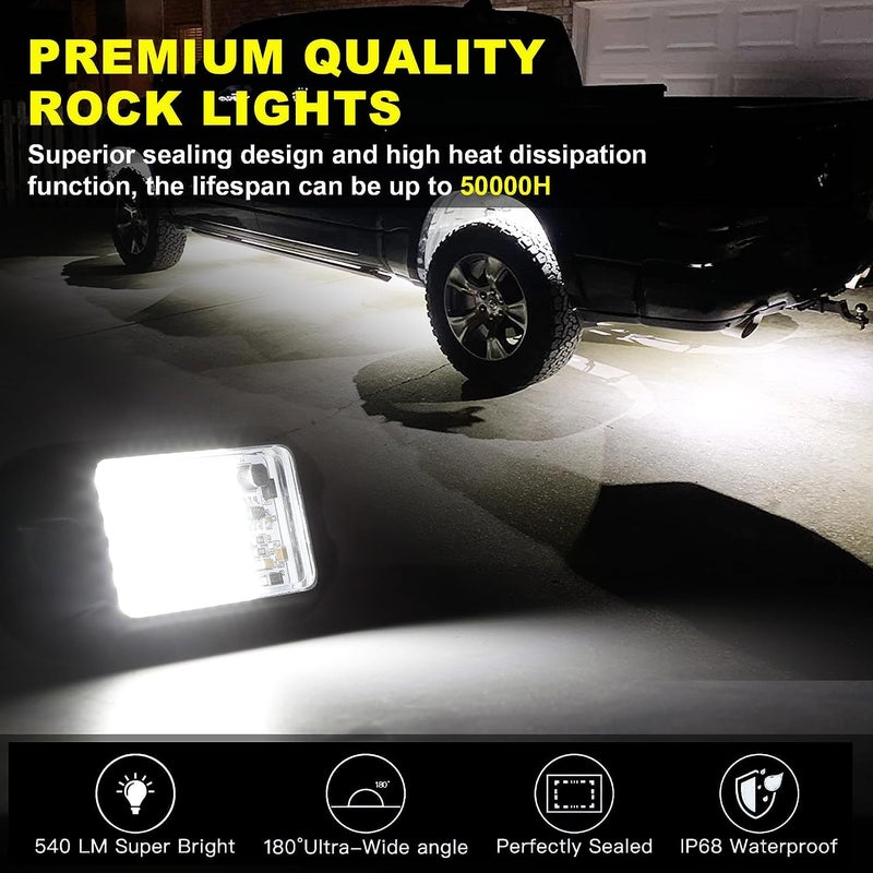 Nicoko 8 Pods 6000K pure White Rock lights Aluminum 9-30V Underglow Lights IP68 Waterproof Neon Trail Rig Lamp Lighting for SUV Car Truck Motorcycle Boat ATV UTV - Image 2