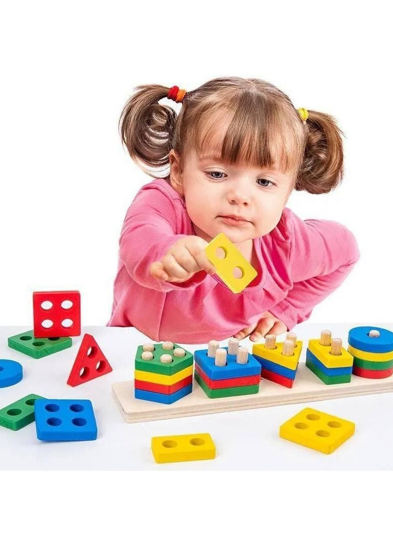 لعبة مكعبات تكديس الأشكال الهندسية الخشبية متعددة الألوان لمدة تصل إلى 12 شهرا 37x7.5x8سم - Image 2