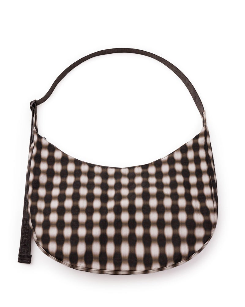 BAGGU Large Nylon Crescent Bag - Blurred Gingham Brown - Image 1