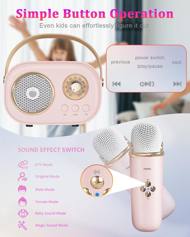 PRUNUS C20 Mini Karaoke Machine Portable Bluetooth Speaker with Wireless Microphone 6 Sound Modes for Adults&Kids Birthday Home Farmily Friends Party Gifts for Girls Boys Friends-Pink - Image 4