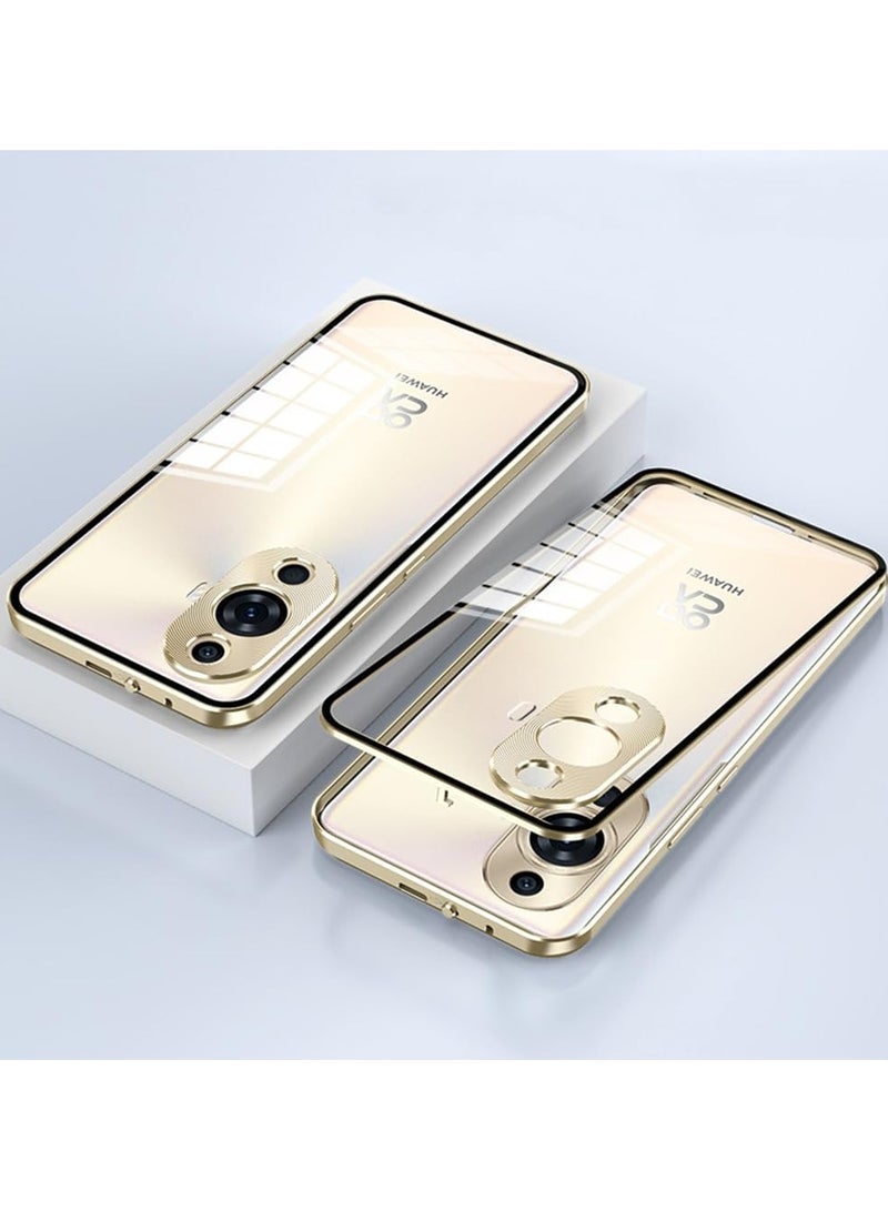 general Case Compatible with Huawei Nova 11 Pro, Magnetic Metal Hard Frame + Clear Tempered Glass Back Non Slip Shockproof Case with Camera Protector