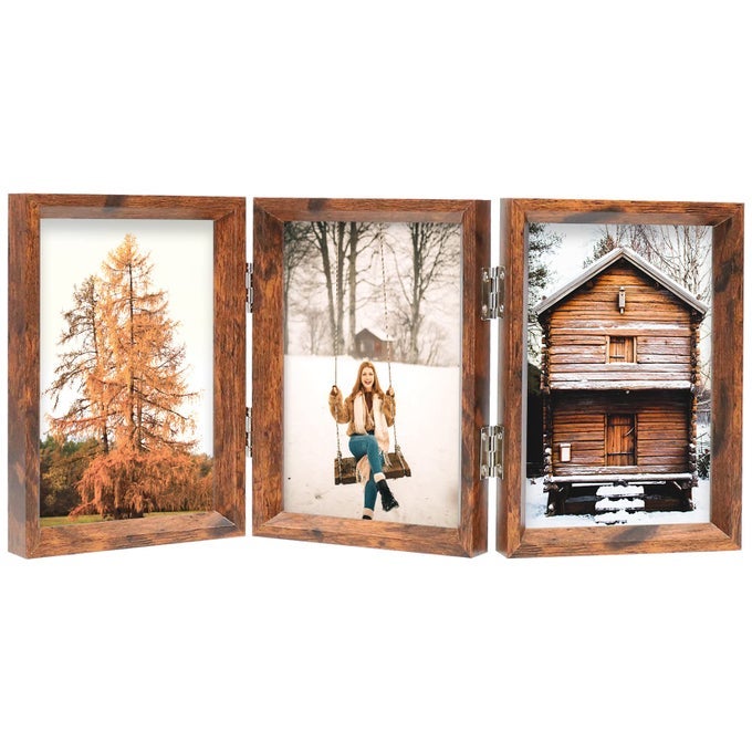 5X7 TRIPLE PICTURE FRAME RUSTIC BROWN WOODEN HINGED BEVELED PHOTO FRAME DEFINITION GLASS 3 VERTICAL OPENINGS STAND ON DESKTOP TABLETOP