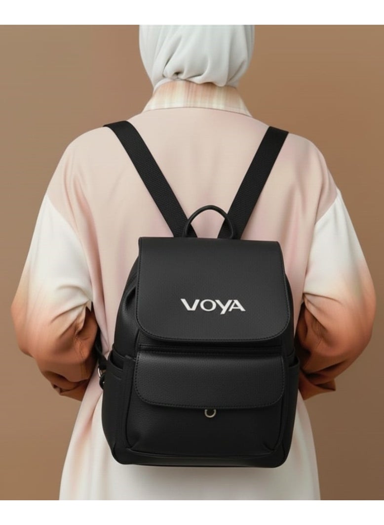 Leather Front Pocket Backpack - Black