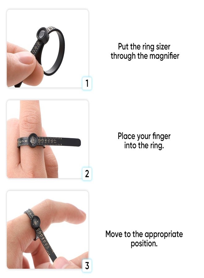 King Will Ring Sizer Reusable Measuring Sizing Tool with Magnified Glass 1-17 USA Rings Finger Size Gauge Black Sizer with Gold Scale - Image 2