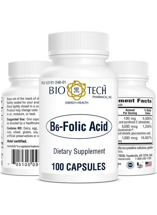 Bio-Tech Pharmacal B6-Folic Acid, 100 Capsules - All-Natural Supplement - Supports Cardiovascular, Bone, & Nervous System Health - No Dairy, Fish, Gluten, Peanut, Shellfish, Halal, & Soy - No - Image 1