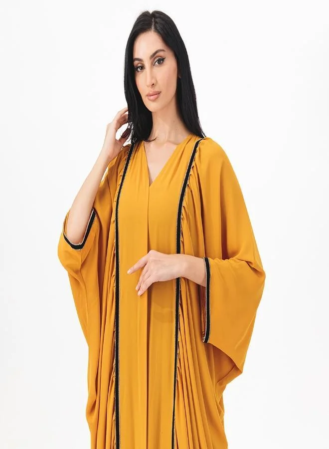 ميم باي ماريا Front open abaya with panels detailing and ruffles