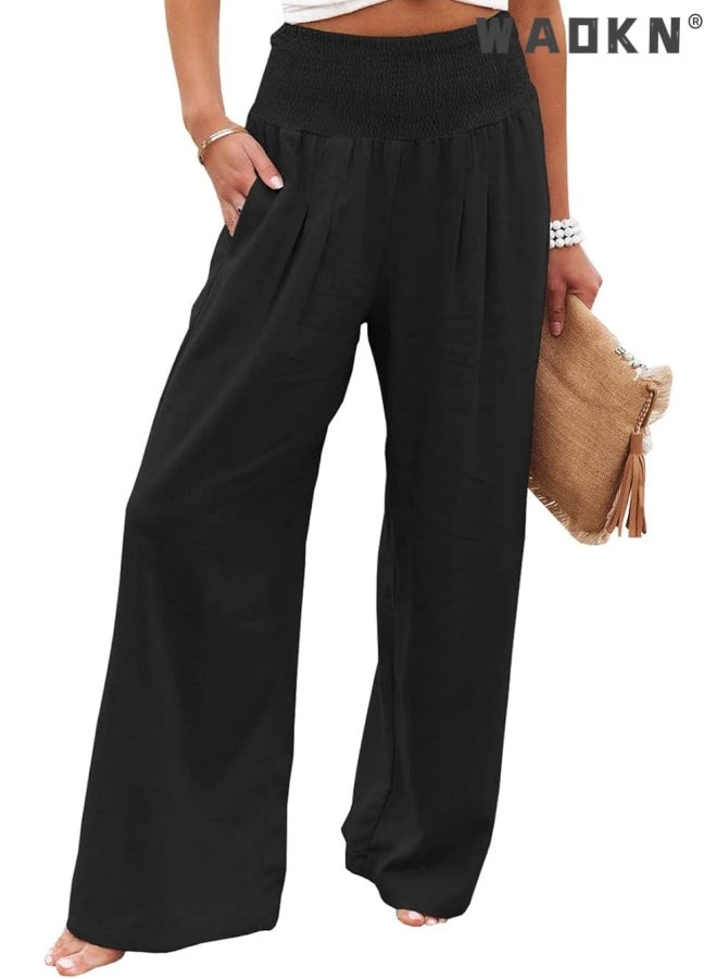 WAOKN Spring Summer for Women New Women Pants Office Lady  Pockets Solid Loose Casual Wide Leg Long Trousers High Waist Wide-Leg Pants Lounge Trousers with Pockets - Image 1