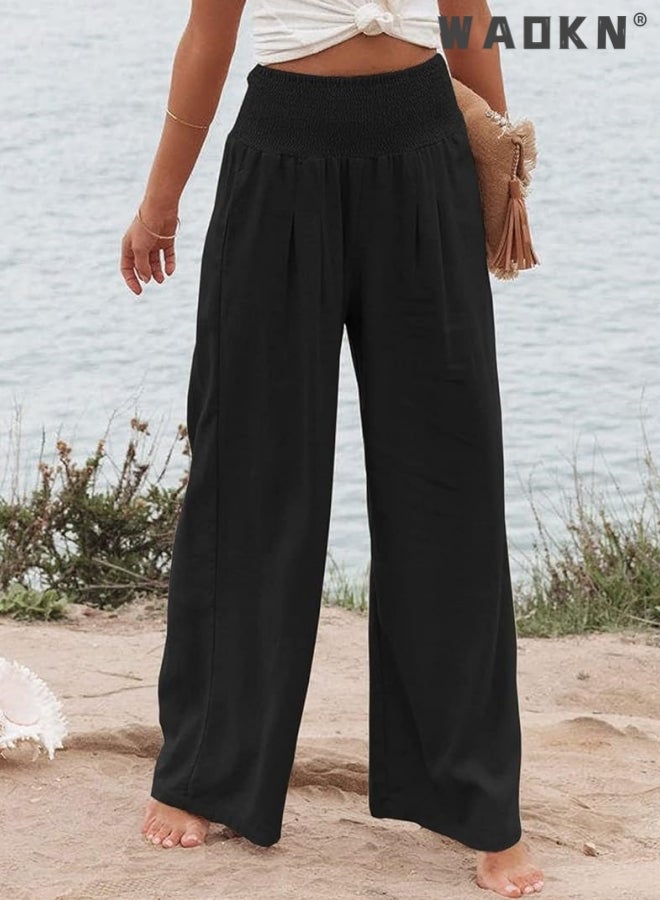 WAOKN Spring Summer for Women New Women Pants Office Lady  Pockets Solid Loose Casual Wide Leg Long Trousers High Waist Wide-Leg Pants Lounge Trousers with Pockets - Image 3