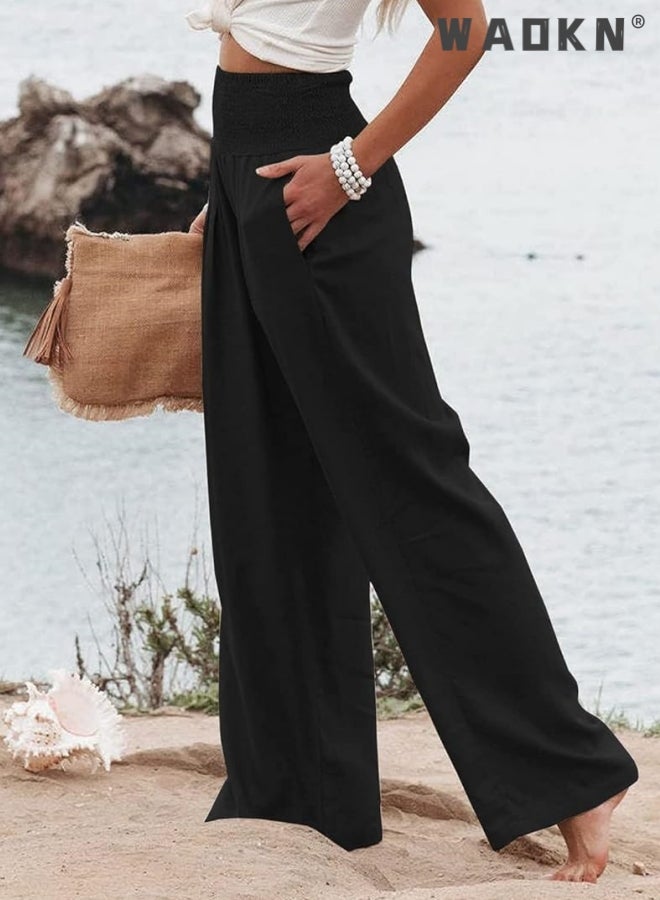 WAOKN Spring Summer for Women New Women Pants Office Lady  Pockets Solid Loose Casual Wide Leg Long Trousers High Waist Wide-Leg Pants Lounge Trousers with Pockets - Image 2