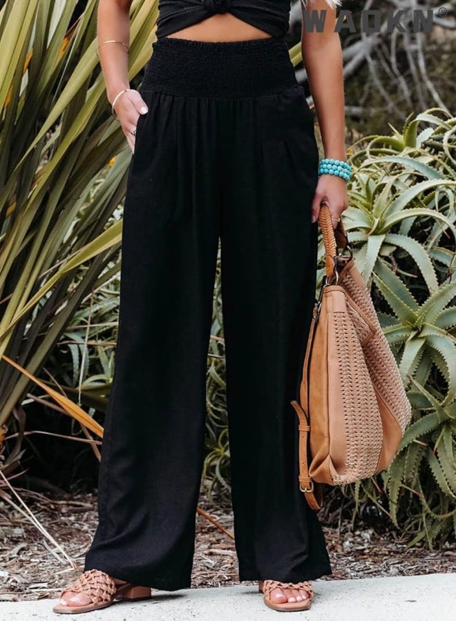 WAOKN Spring Summer for Women New Women Pants Office Lady  Pockets Solid Loose Casual Wide Leg Long Trousers High Waist Wide-Leg Pants Lounge Trousers with Pockets - Image 4