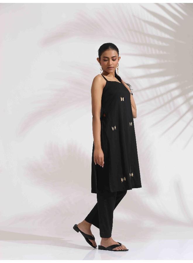 trueBrowns Black Cotton Embroidered Straight Kurta Set - Image 2