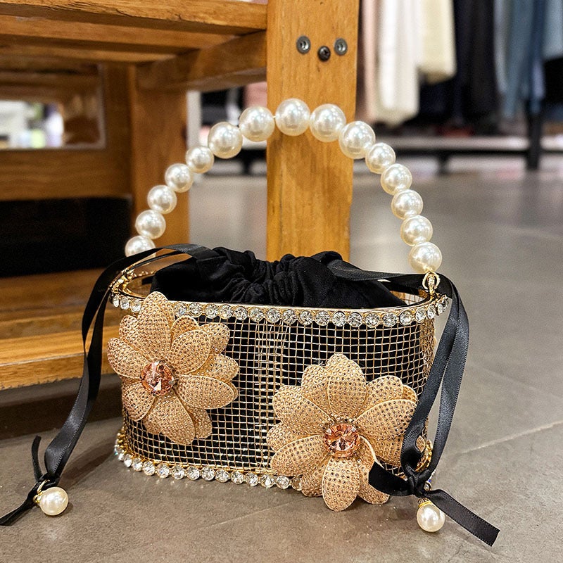 Retro Fashion Diamond-Encrusted Rhinestone Flower Metallic Bucket Bag Small Fragrant Style Hollow High-End Handbag - Image 1