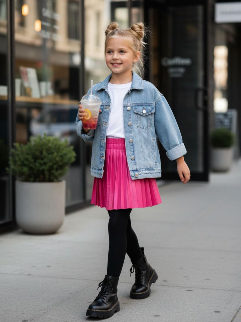 WELAKEN Pu Leather Skirts for Girls Kids & Teen & Toddler & Women Faux Leather Pleated Skirts,Hot Pink,6-7 Years - Image 2