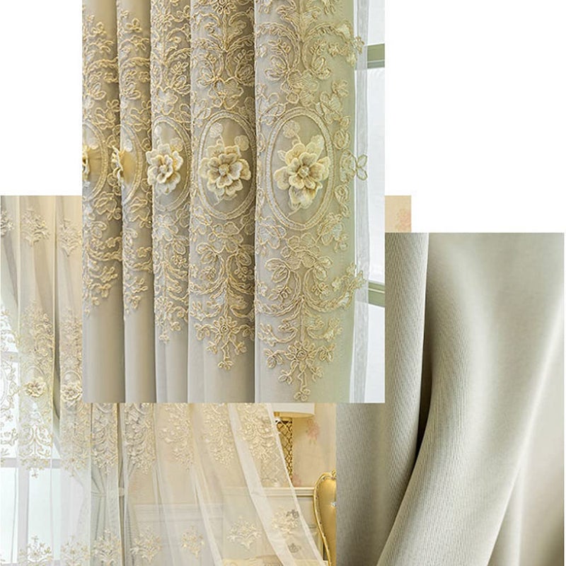 Amidoudou 1 Pair European Double Layer Curtains with Valances for Living Room Bedroom Luxury 3D Flower Embroidered Curtains (Beige,52x90 Inch) - Image 4