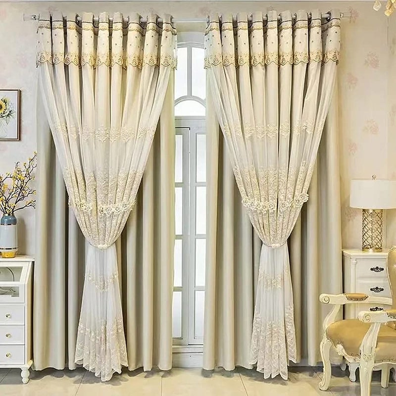 Amidoudou 1 Pair European Double Layer Curtains with Valances for Living Room Bedroom Luxury 3D Flower Embroidered Curtains (Beige,52x90 Inch) - Image 1