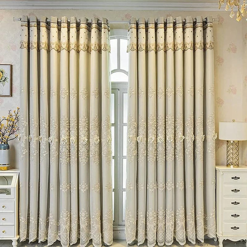 Amidoudou 1 Pair European Double Layer Curtains with Valances for Living Room Bedroom Luxury 3D Flower Embroidered Curtains (Beige,52x90 Inch) - Image 2
