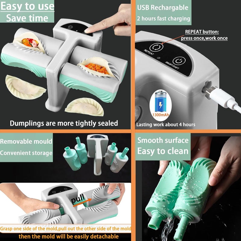 Cyandream Electric Dumpling Maker Two Sizes Double Head Automatic Electric Dumpling Maker Machine Mould Household Quick Rechargeable Dumpling Maker Kit with Silicone Baking Mat,Dough Cutters,Spoon Brush - Image 5