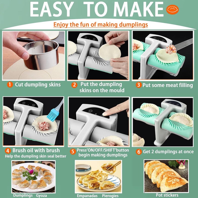 Cyandream Electric Dumpling Maker Two Sizes Double Head Automatic Electric Dumpling Maker Machine Mould Household Quick Rechargeable Dumpling Maker Kit with Silicone Baking Mat,Dough Cutters,Spoon Brush - Image 2