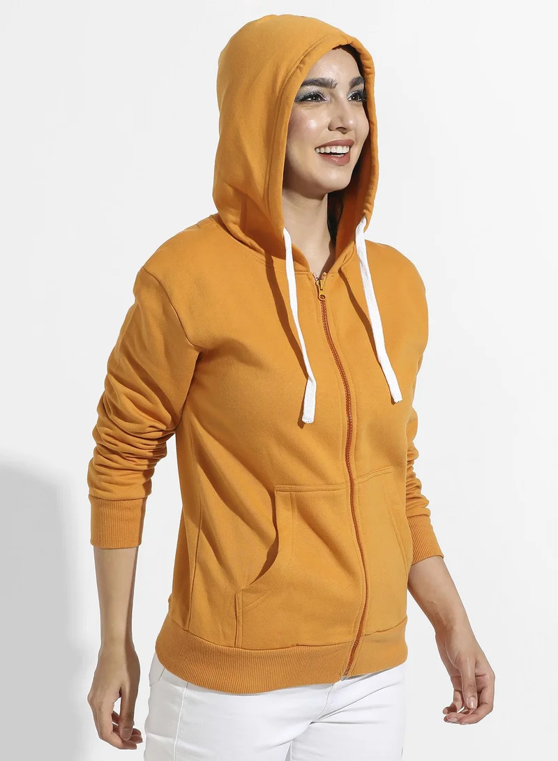 Campus Sutra Zip-Front Hoodie With Contrast Drawstring